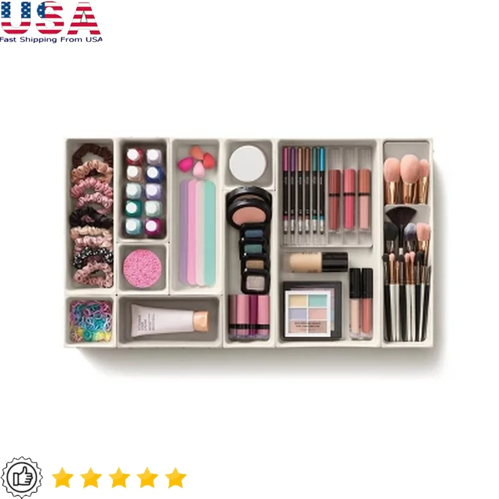 

12pc Modular Makeup Organizer Set Customizable Drawer Storage Beauty Accessories Tiered Brush Holder Pencil Tray Non-Slip Feet