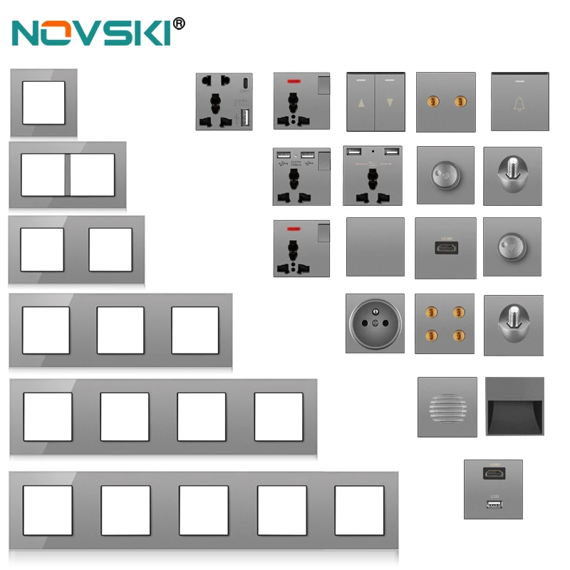 novski wall-mounted module diy European standard gray crystal glass panel socket switch button free combination function