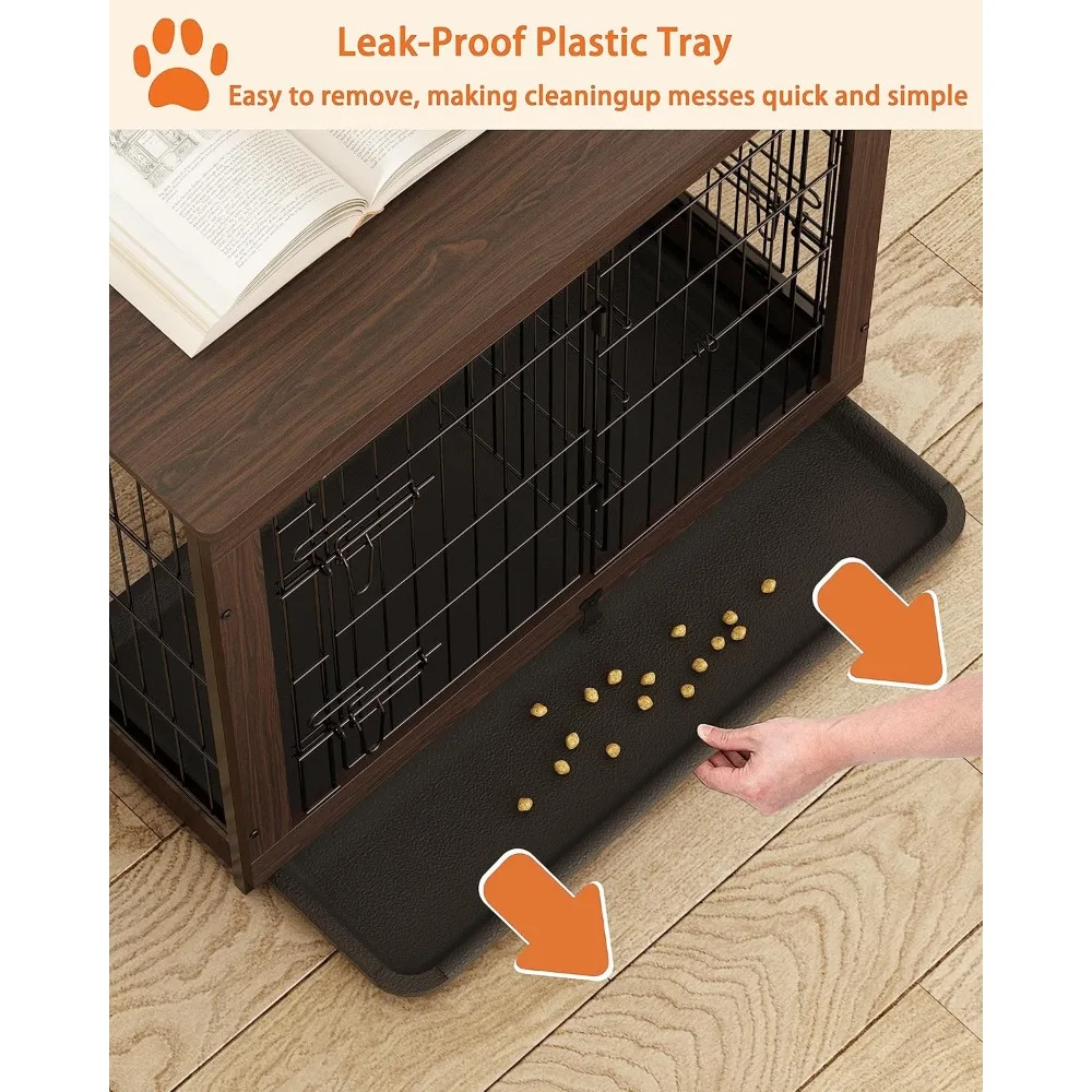wooden dog crate furniture with divider panel, dog crate end table with fixable slide tray, double doors dog kennel indoor for