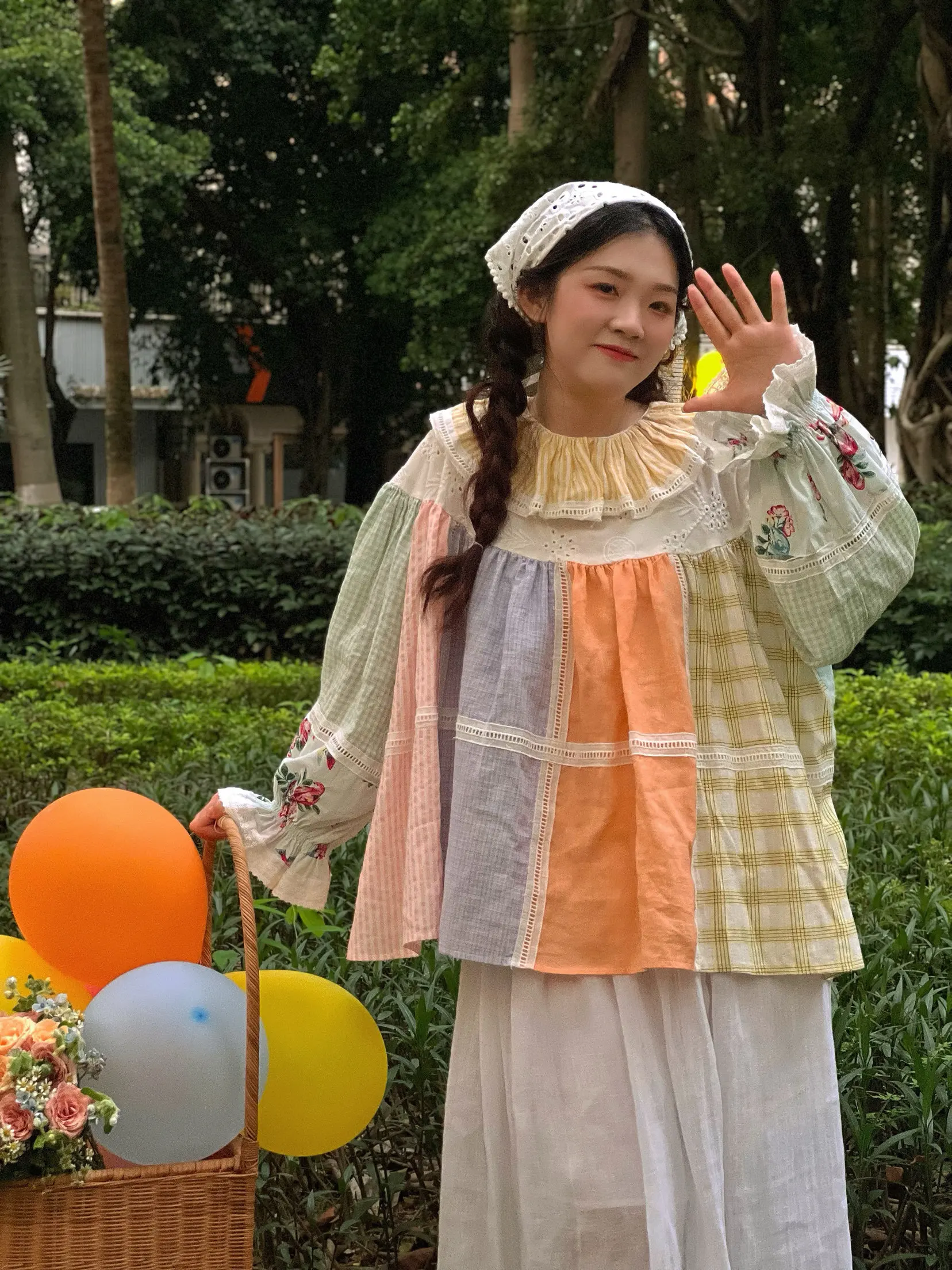 

Весенне-осенняя новая женская блузка с воротником-лепестком, в стиле французского двора, из хлопка, с пэчворком, молодежная, свободного кроя, с длинным рукавом