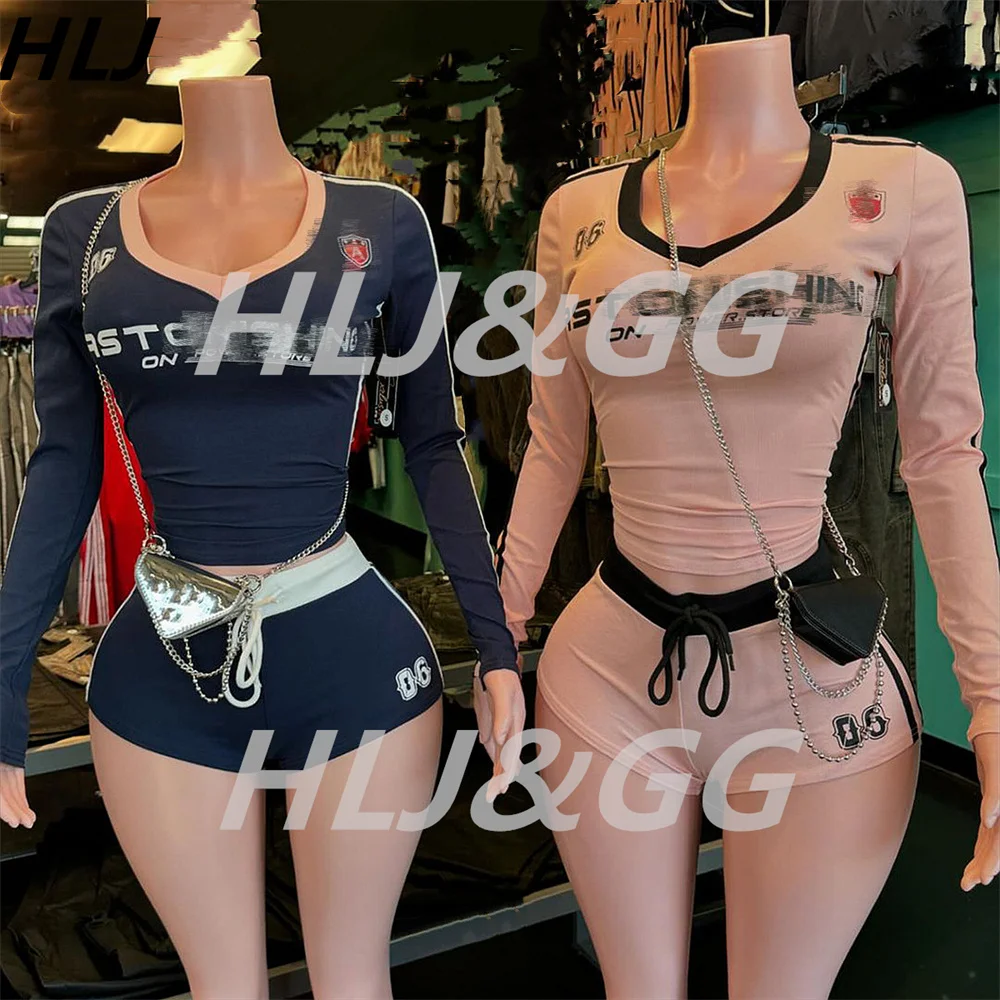 HLJ American Vintage Style Streetwear Damen V-Ausschnitt Langarm Top und Kordelzug Sportliche Shorts Outfits Mode 2-teilige Trainingsanzüge