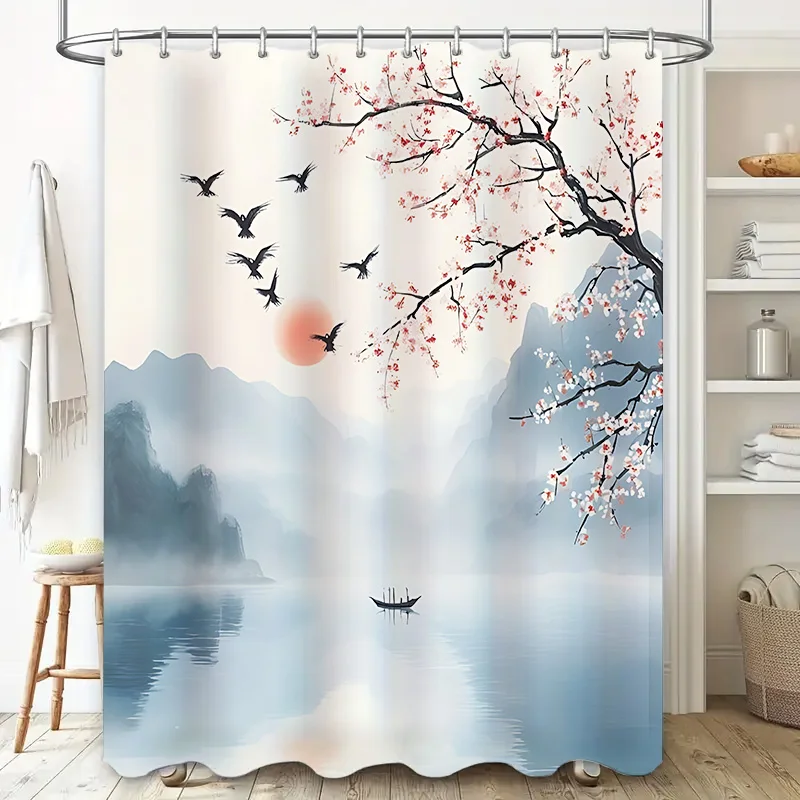 

Elegant Chinese Style Shower Curtain With Mountain Landscape And Cherry Blossoms For Bathroom Decor Enhance Your Home Aesthetic