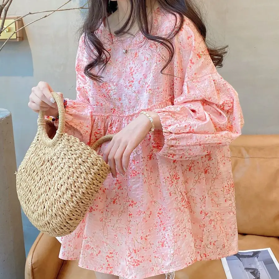 2024 Spring Summer New Women\'s Clothing Korean Version Loose Slimming Sweet Crush Flower Lantern Sleeve Doll Shirt Top for Women