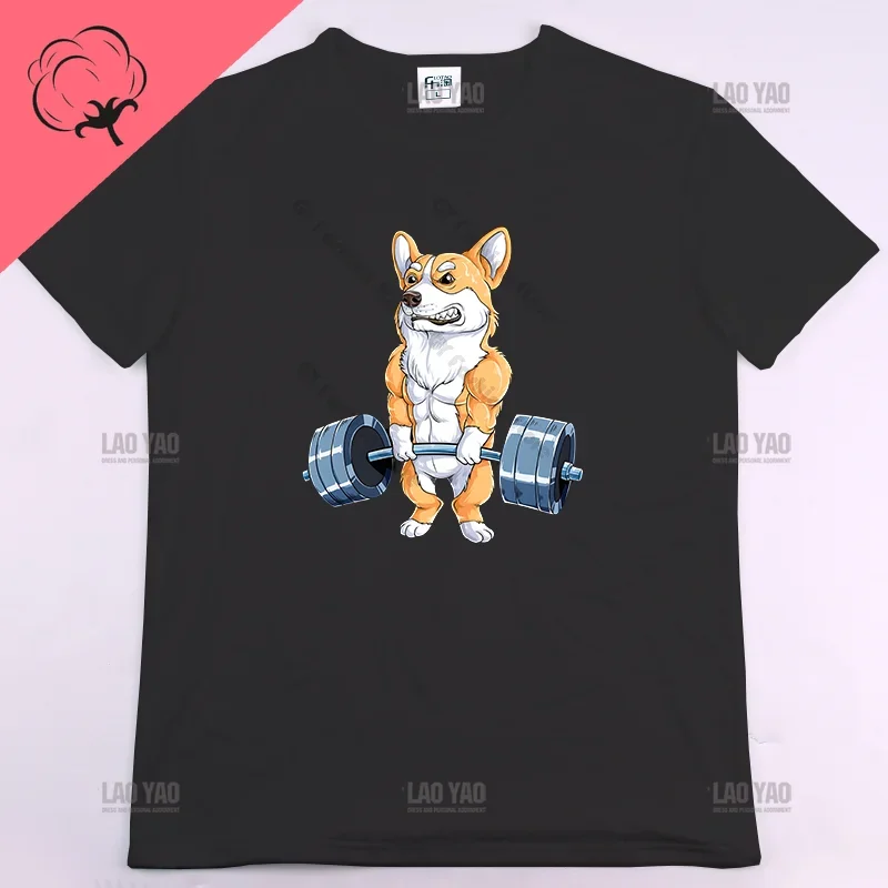 Corgi Fitness Funny Gym Rat  Bodybuilding Crewneck High Quality Cotton T Shirt Men Casual Short Sleeve Oversized image 3