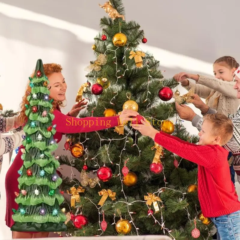 

KX4B Светящаяся Рождественская елка Скульптура Миниатюрная праздничная елка Статуя из смолы Настольный орнамент для каминной