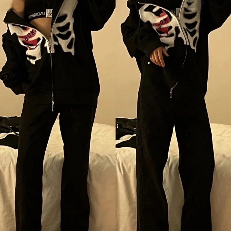 Y2K Skull Letter Pattern Cardigan Hoodie Women's 2026 Gothic Zipper Sweatshirt Retro Harajuku Street Music Festival Women's Top
