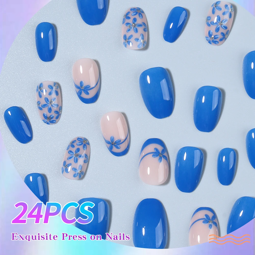 قم بتحويل أظافرك مع، 24 قطعة من الزهور الزرقاء البيضاوية القصيرة مع تصميم لامع، اضغط على مجموعة أظافر، لون حلوى معكرون مناسب تمامًا أ #4