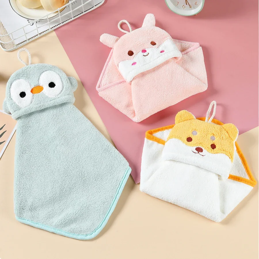 Coral Fleece Kitchen Bathroom Toilet Kid Hand Towels Hanging Type Super Water Absorption Quick Drying Cartoon Animal Hand Towel