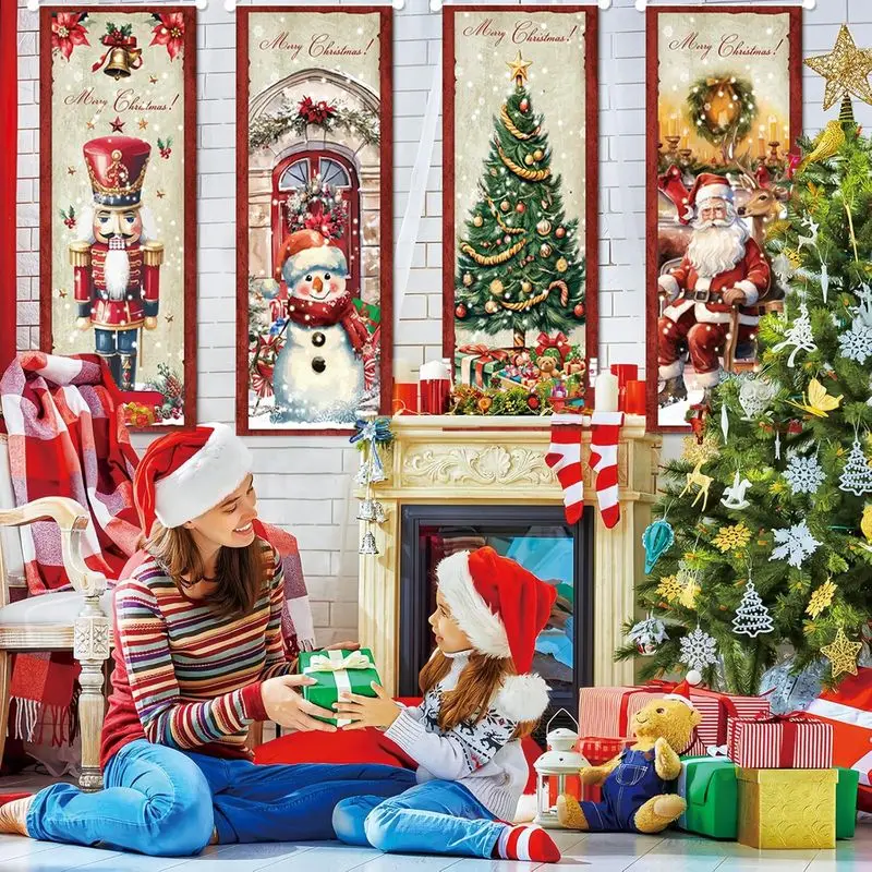 VIKAMA Merry Christmas Wall Hanging Christmas Tree Snowman Nutcracker Santa Reindeer Banner Stairway Holiday Xmas Decor Gift