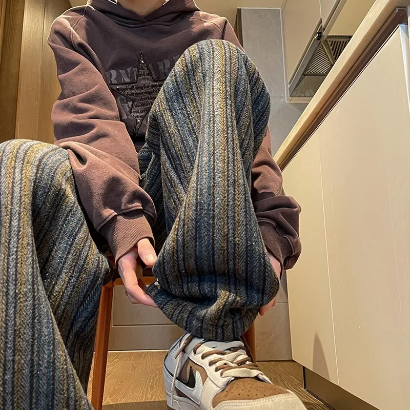 Korean Style Casual Pants Men Autumn and Winter Striped American Fashion High Street Loose Straight Full Length Trouser Male