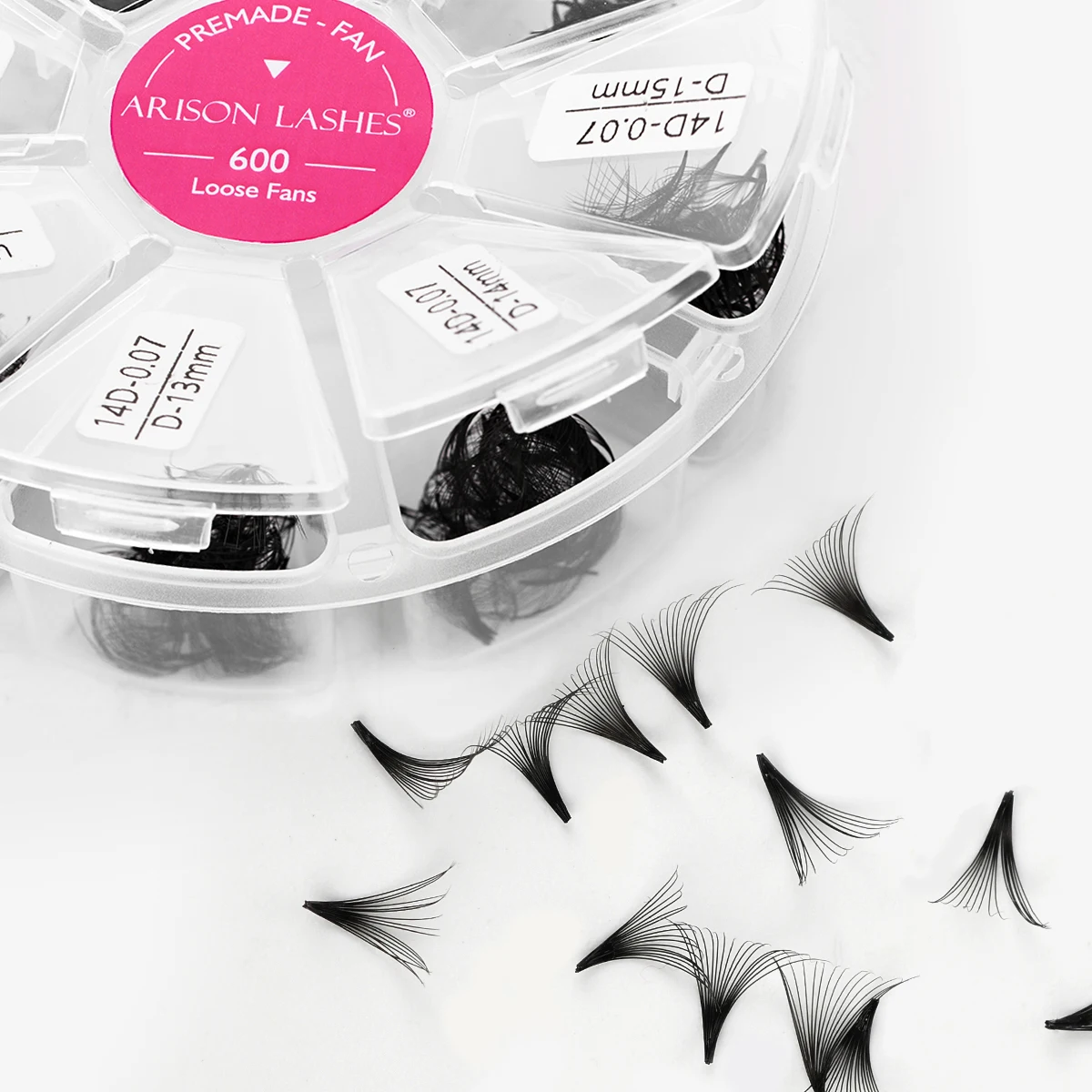ARISON 600Pcs Premade Fan Lashes 14D 16D 0.07mm D Curl 8-15mm Mix Loose Fans Volume Extensions Soft Black Russian Lashes