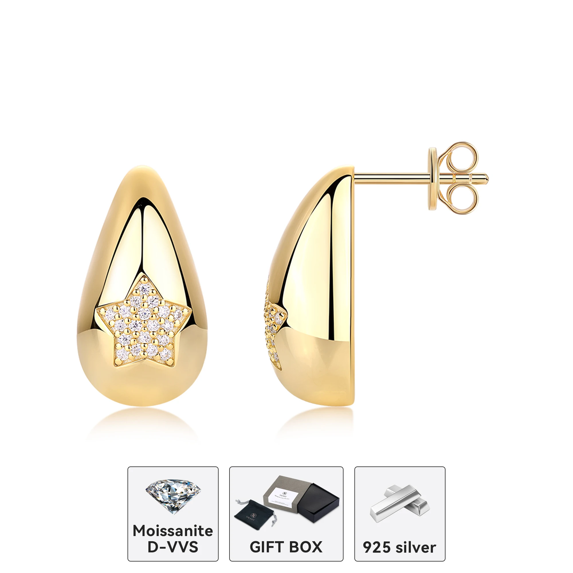 

Kfvanfi Shining Moissanite D VVS 925 Sterling Silver Plated 18K Gold Design Water Drop Pentagram Women's Earrings Party Gift