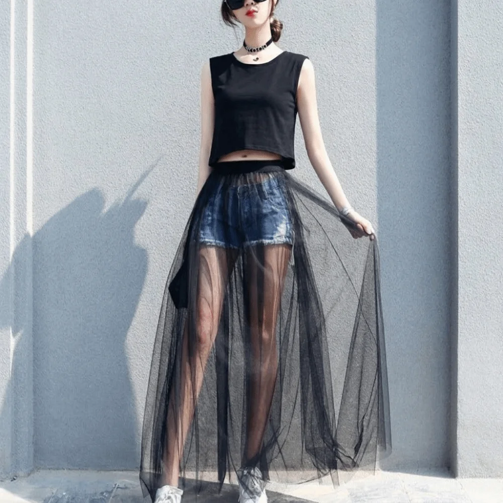 Summer Black Mesh Skirts Elastic Waist Single Layer See-through Skirts Long Transparent Gauze Skirt