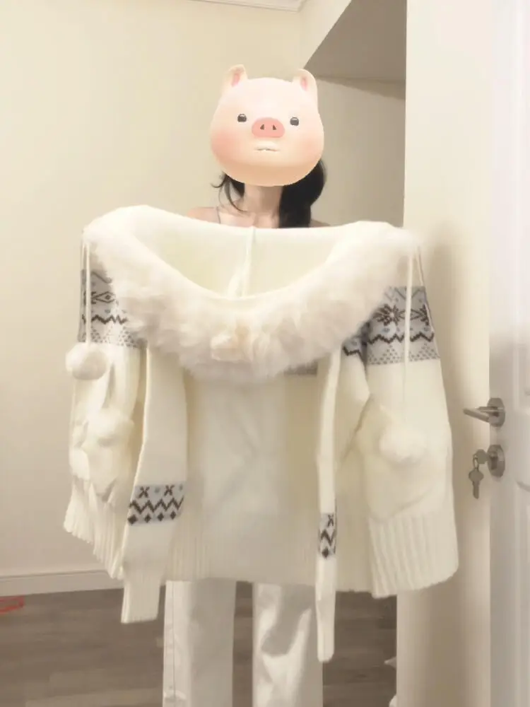 Korean Style Loose Women's Fair Isle Sweater Coat with Large Fur Collar Autumn Winter Casual High-End Feelings White Open Car...