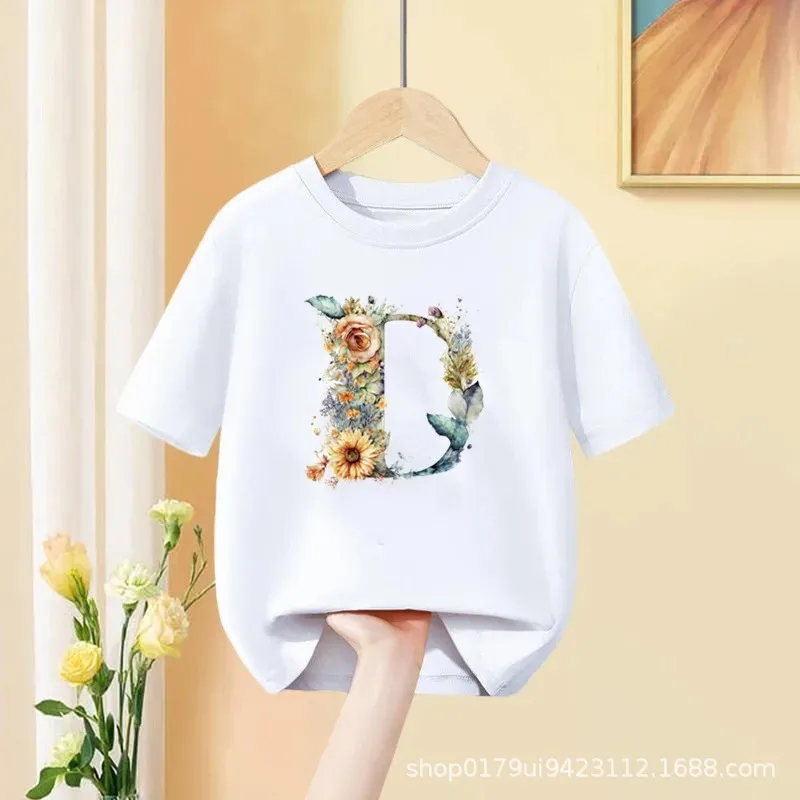 Roupa Casual de Manga Curta Infantil, T-shirt Kawaii, ABCD Cartoon, Flor, Menina, Branca, 26 Letter, AZ, Novo