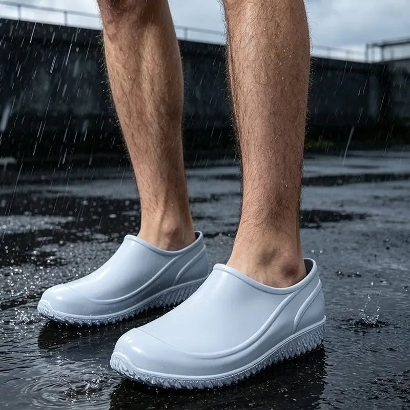 Men's Low-Cut White Rain Shoes Anti-Slip Waterproof for Food Kitchen & Construction Site Labor Protection