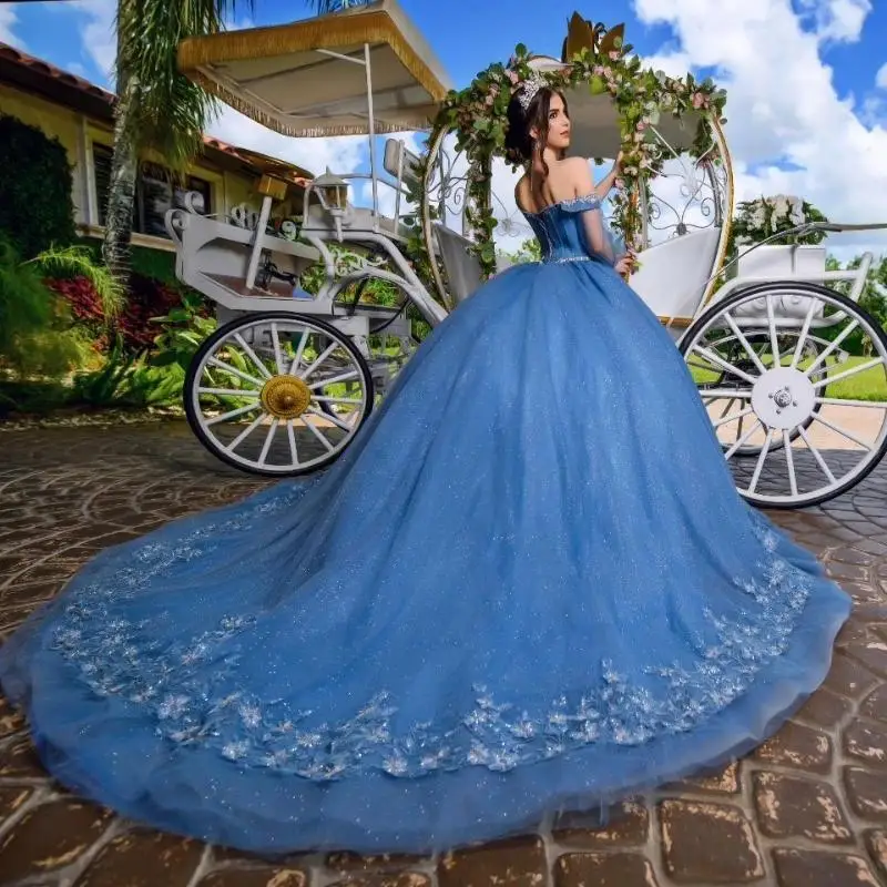 Sky Blue Sequin Princess Ball Gown Charming Quinceanera Dress Classic Applique Lace Beads Crystal Tull Sweet 16 Dress Vestido De