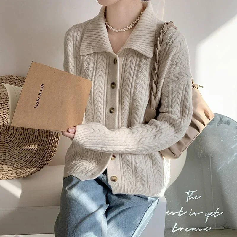 

Autumn Korean Fashion Knitted Cardigan Women Single-breasted Sweater Jacket Solid Polo Neck Casual Women's Sweaters Knitwear