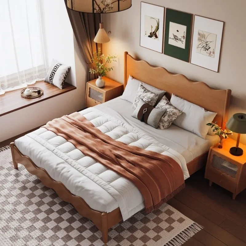 Nordic medieval style full solid wood modern simple wave bed 1.5 meters 1.8 meters retro double bed master bedroom we