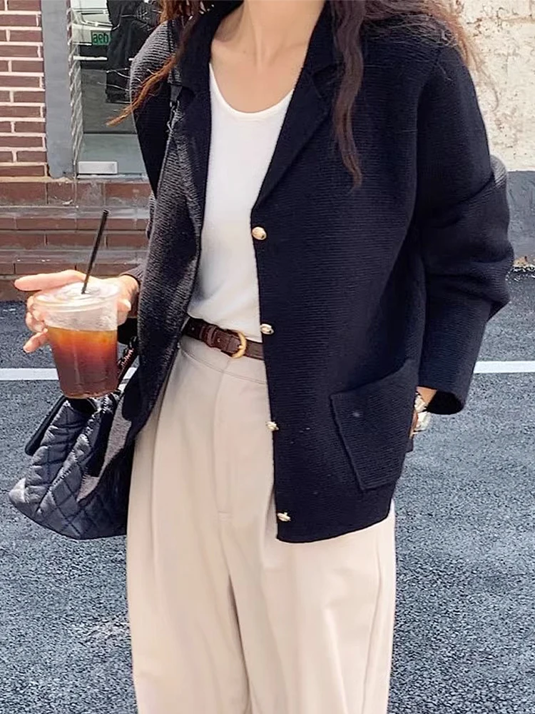 

Шикарный ранний осенний вязаный свитер на одной пуговице с двойной пуговицей Long Sve, женский костюм Jaet, однотонная верхняя одежда