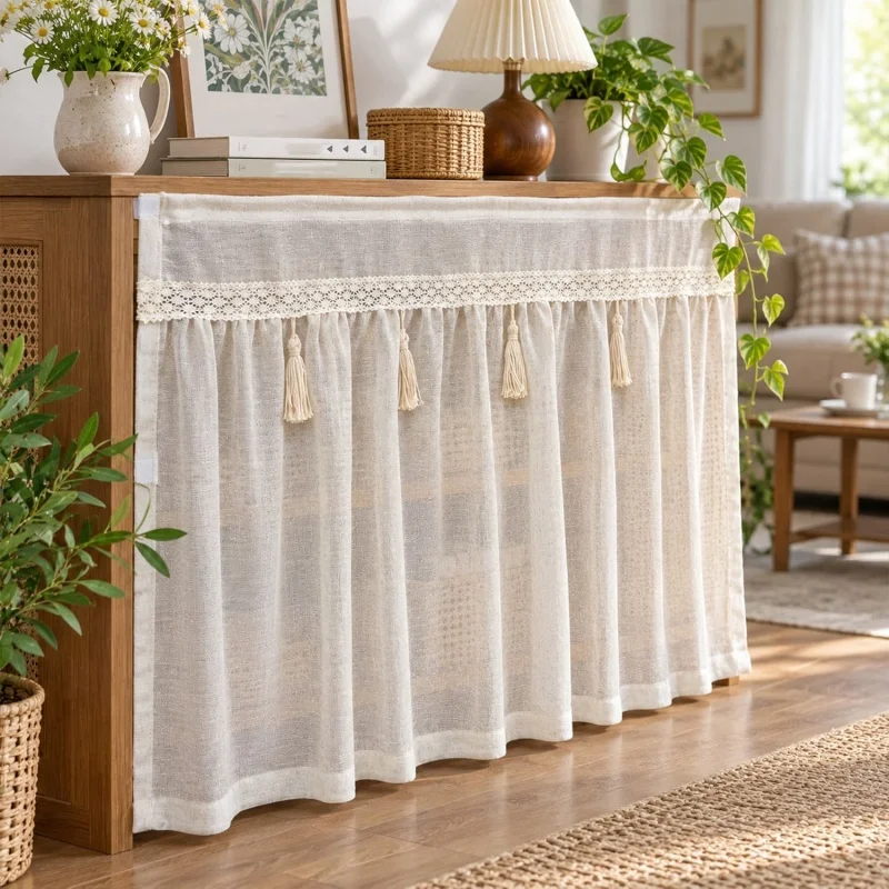 Vintage Crochet Lace Kitchen Curtain Semi-Sheer Striped Cotton Linen Short with Tassels for Farmhouse Style Cabinet Door