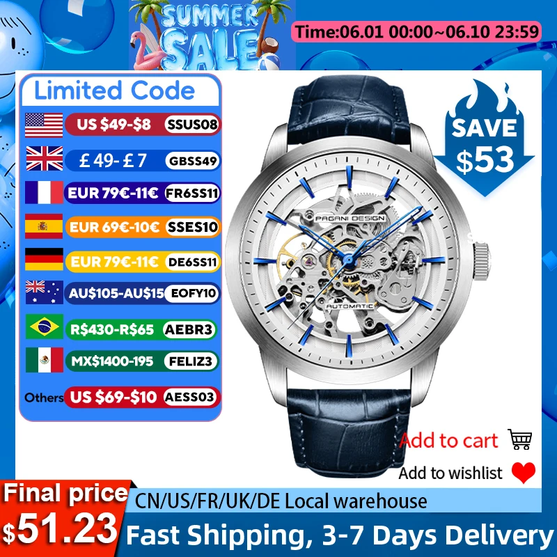 PAGANI DESIGN 2026 New Skeleton Men's Mechanical Watches Top Luxury Automatic Watch Men Blue Leather Waterproof Wrist watch Men