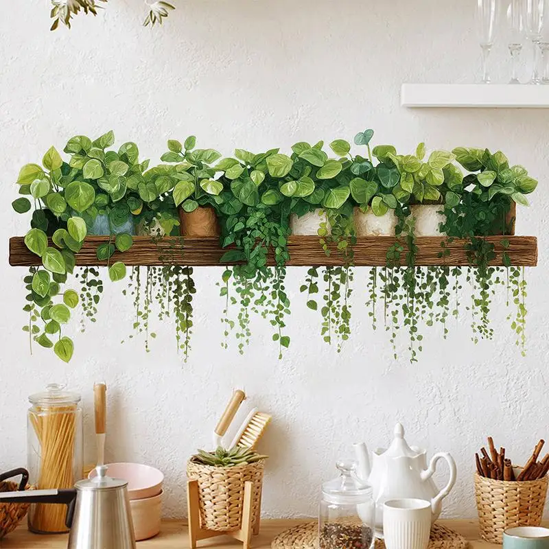Lifelike Hanging Green Plant Wall Decal With Self Adhesive Back Perfect For Kitchen Living Room Bedroom Home Wall Decoration