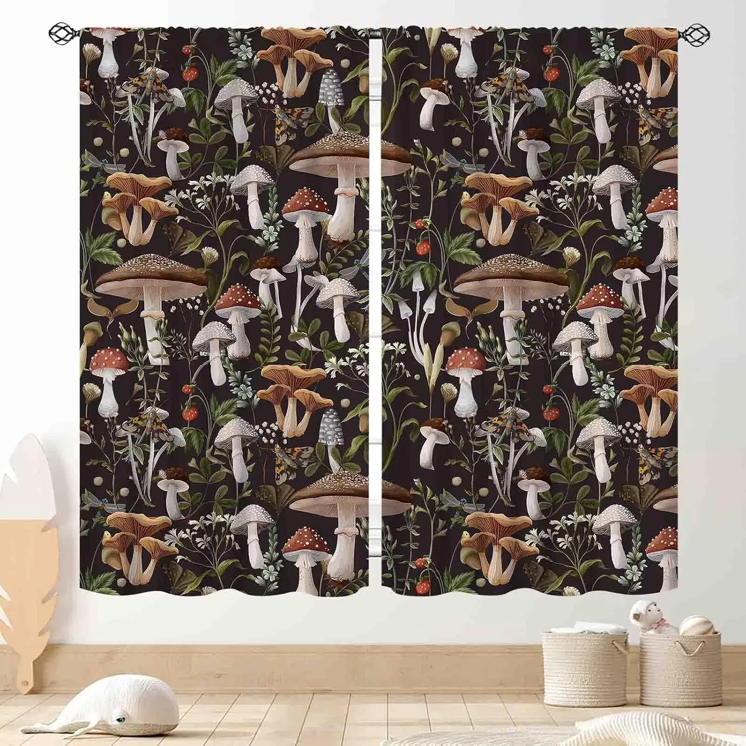 Dark Wild Mushroom Curtain 2 Panels Multi-Type Fly Agaric Fern Wild Berry Floral Black Base Print,Drapes Bedroom Cottage Curtain