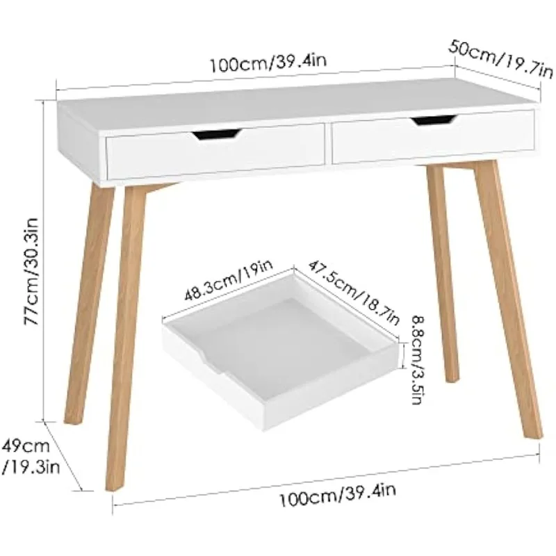 White Computer Writing Desk with 2 Drawers, Small Desk Makeup Vanity Table Wood Desk with 4 Oak Legs, Console Study Table