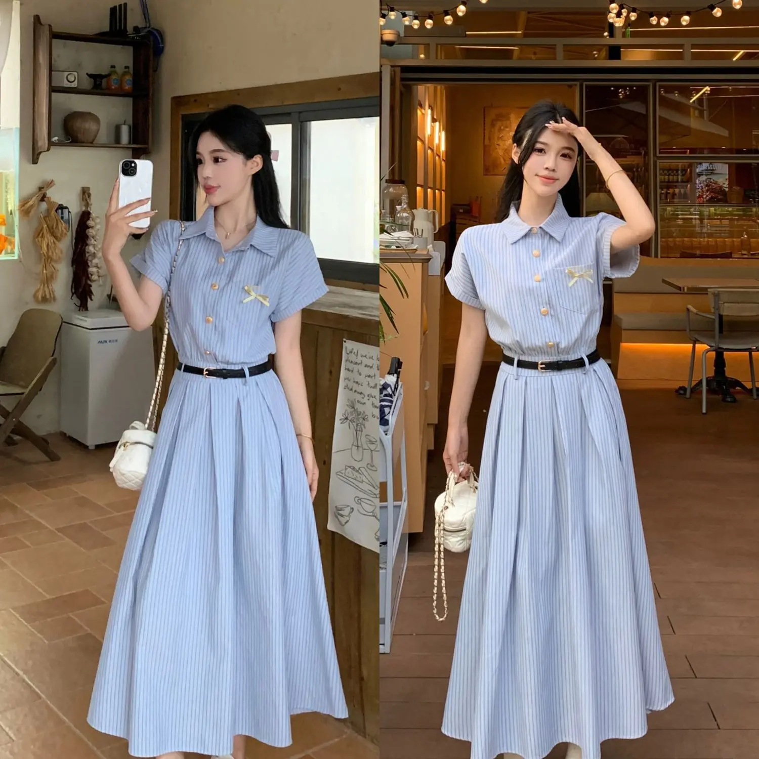 

French High-End Striped Short-Sleeved Dress Women Summer New Style Waist-Hugging Slimming Niche Design Long A-Line Skirt