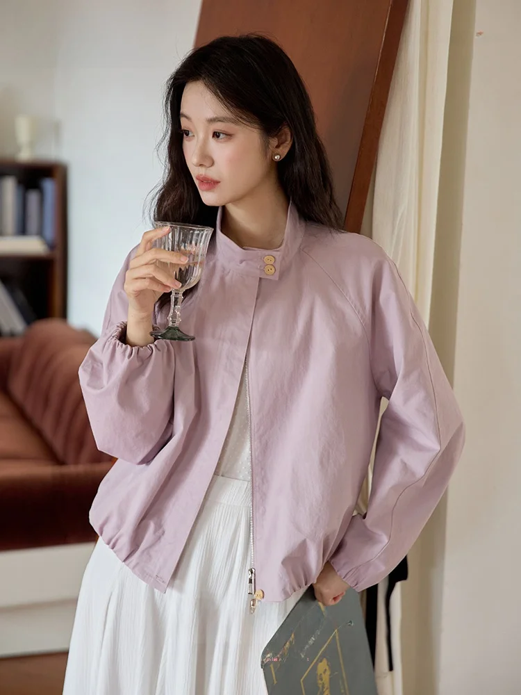 

Moriirose Purple Stand Collar Color Blo Flower Bud Hem Design ort Jaet Women's Spring Commute Ele Top Cotton Blend
