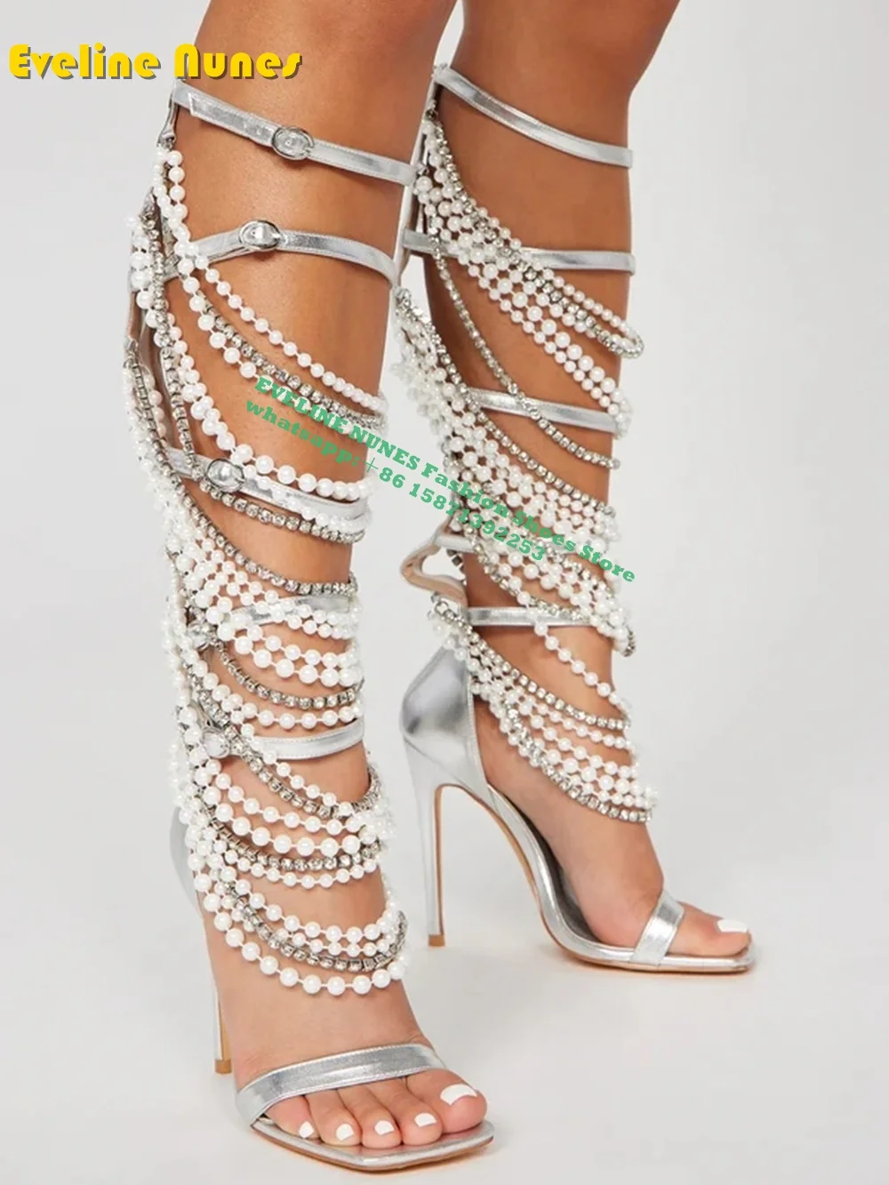 Pearl Rhinestone Chain Cross-Strappy Sandals Square Toe Stiletto Buckle Strap Internal Zip Closure Luxury Shoes Party Dress 2024