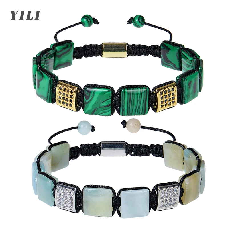 10MM Square Beads Malachite Braided Bracelet Bohemia Punk Square Zircon Inlay Amazonite Stone Bracelet Flat Beads Jewelry Gifts