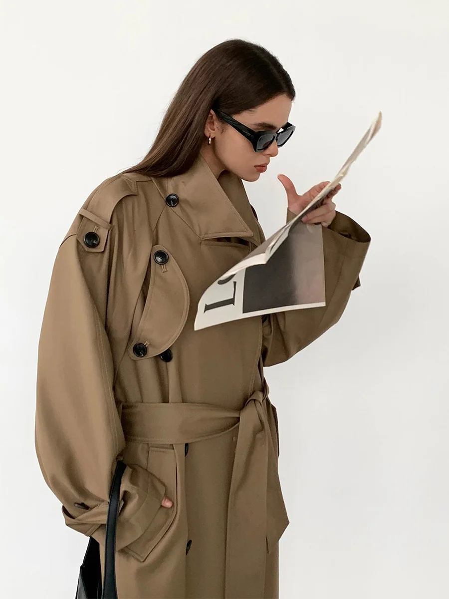 

2025 Spring Autumn Y2k Oversized Khaki Long Grey Trench Coat for Women Double Breasted Loose Casual Korean Fashion Overcoat