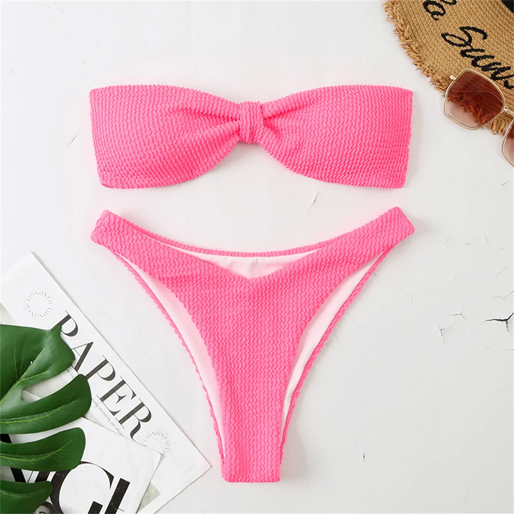 

Sexy Backless Bandage Bikini Strapless Y2K Bandeau Swimsuit Wrinkled Vacation Swimwears Women Beach Outfit Bathing Swimming Suit