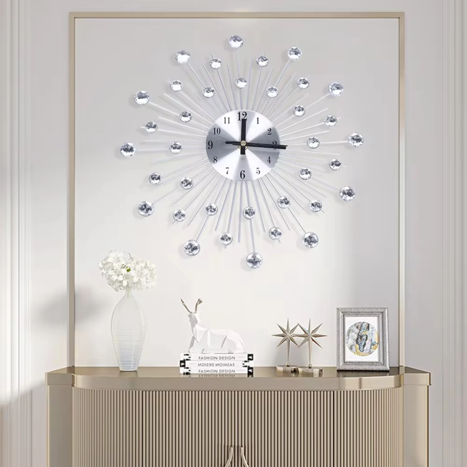 New Silver Color Wall Clock  Living Room Decor Modern Big Crystal Non-Ticking Quiet Wall Clocks Decorations  Kitchen Office