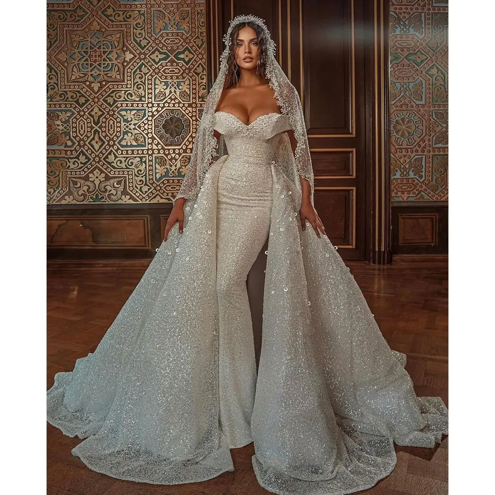 Middle East Elegant Glitter Mermaid Wedding Dresses Sequins Bridal Gowns Off Shoulder Detachable Formal Marry Occasions Gowns