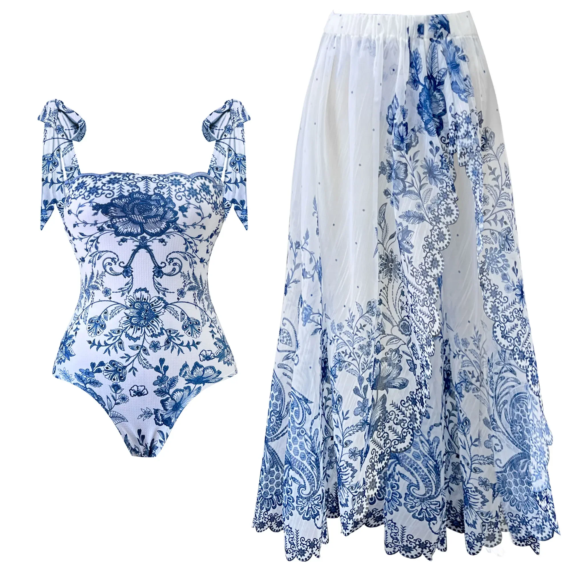 2026 New Retro One Piece Swimsuit Skirt Shoulder Strappy Swimsuit Print Floral Swimwear Women Slimming Bathing Suit Beach Wear