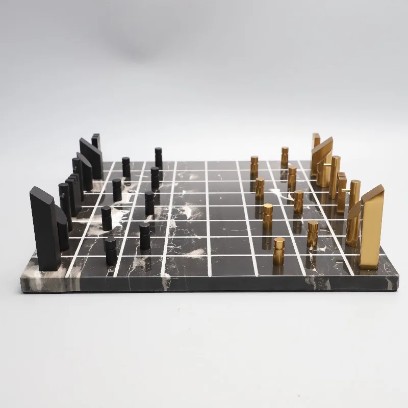 Marble Chessboard Geometric Ornament Metal Chess Pieces Light Luxury Desktop Decor for Home Living Room Model Room Decoration