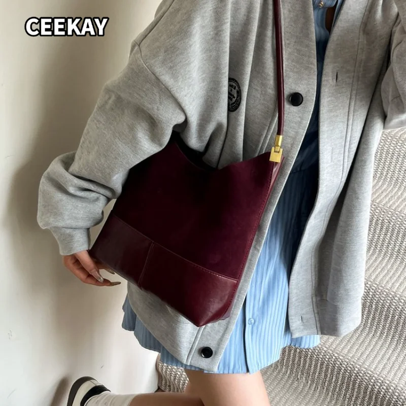 CEEKAY Women's Shoulder Bag Burgundy Suede Splice PU Leather Large Hobo Handbag Zipper Daily Casual Commute Vintage Shoulder Bag