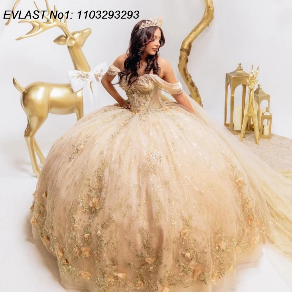 

Индивидуальное бальное платье EVLAST с блестками цвета шампань для Quinceanera, с цветочными аппликациями, бисером и завязками, для Sweet 16, Vestidos De 15 Anos AQ47