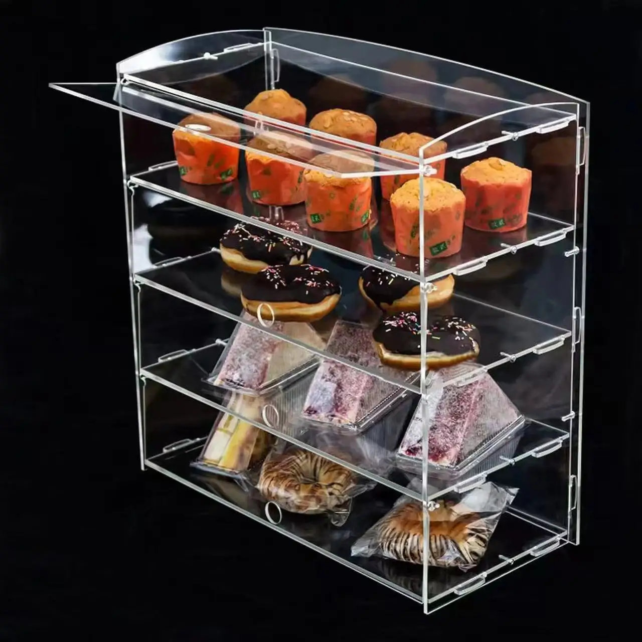 Clear Acrylic Display Case 4 Layer, Commercial Countertop Pastry Stand for Donut Cookie Bakery Dessert