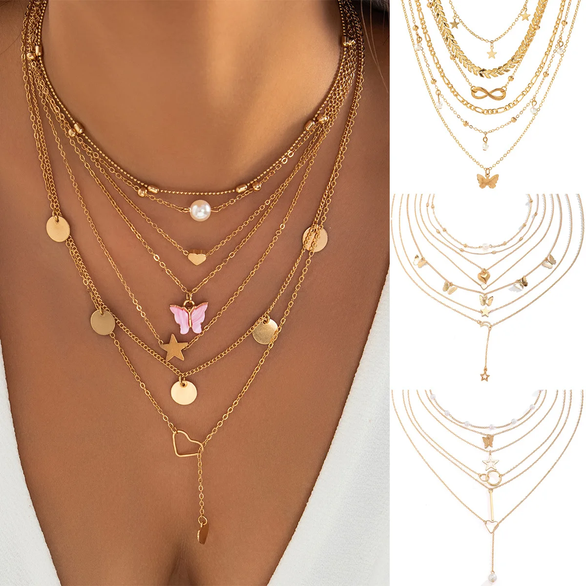 Versatile Elegant Necklace Set Butterfly Tassel Faux Pearl Heart Star Chain Layered Choker Antique Silver Lightweight Women Gift