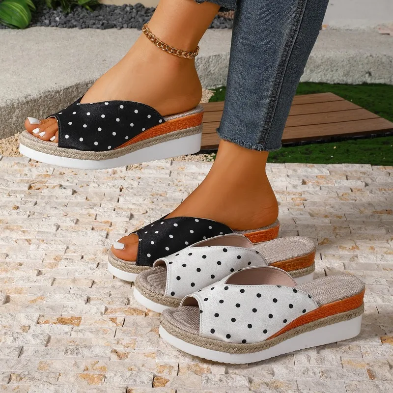 Sandalias de cuña para mujer, color rojo vino, con lunares, sin cordones, punta abierta, de paja tejida, tacón grueso, cómodas, tipo boca de pez