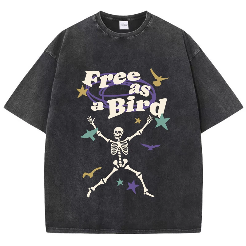 Street Women Washed T-Shirts Free As Bird Skeleton Man Printed Tee Shirts Comfortable Cotton Oversize Tees Summer Female Clothes