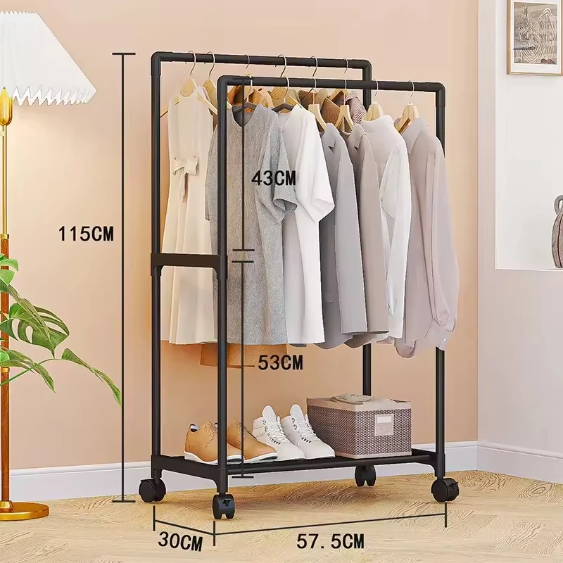 Mobile Multifunctional Double Pole Clothes Rack With Wheels Integrated Rack For Storing Clothes And Shoes Simple clothes hanger