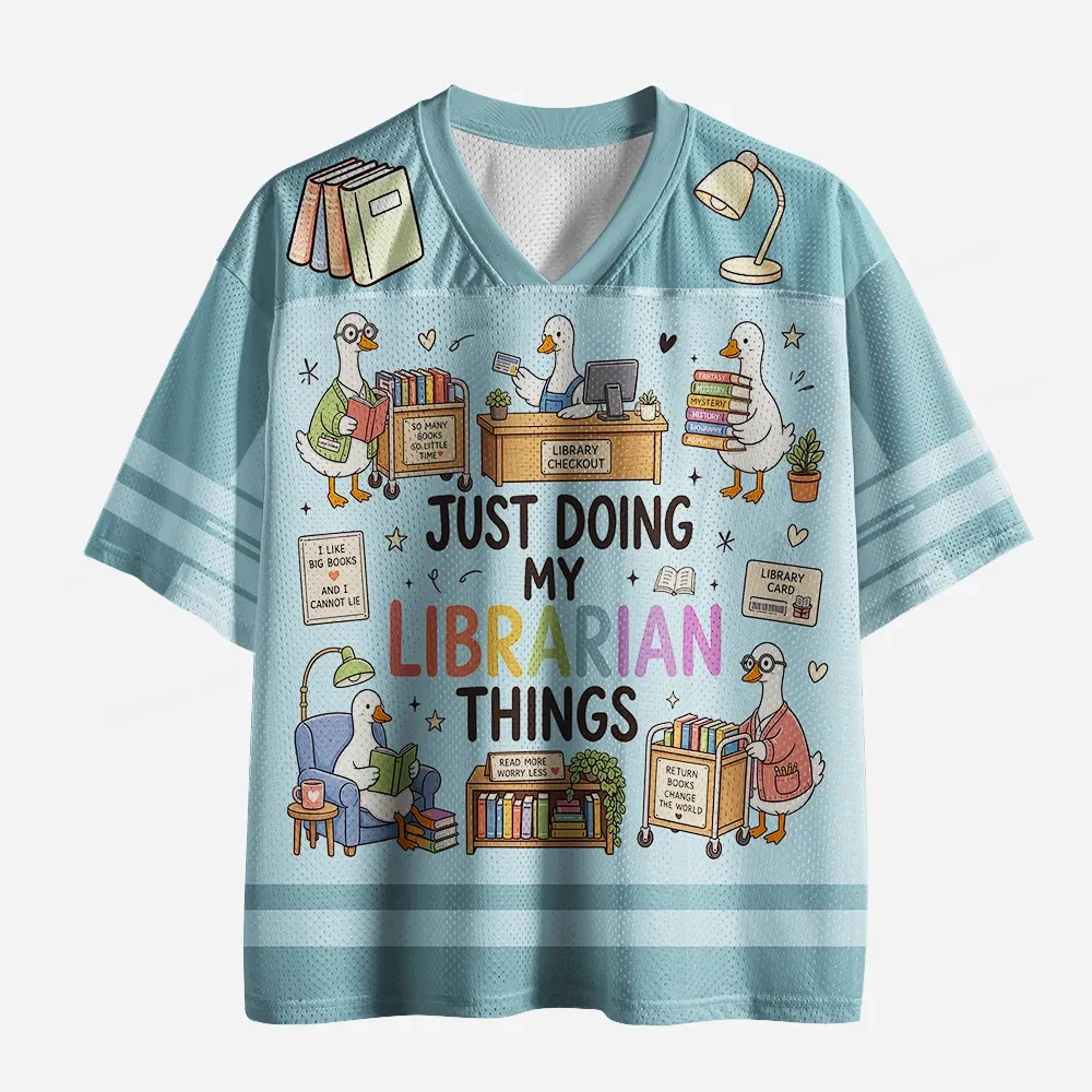 Cartoon Library Fun Printed V-neck Mesh Jersey Bookworm Enthusiast Breathable Mesh 3D Printed Top for Street Wear, Unisex