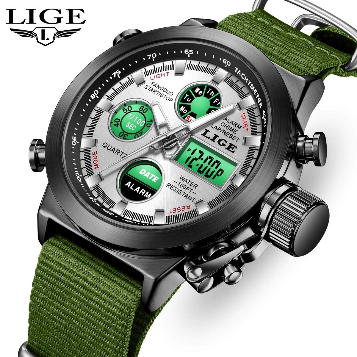 LIGE Outdoor Sportuhr Männer Dual Time Wasserdichte Militär Armbanduhr Armee Taktische Digitale Quarzuhren Uhren reloj hombre