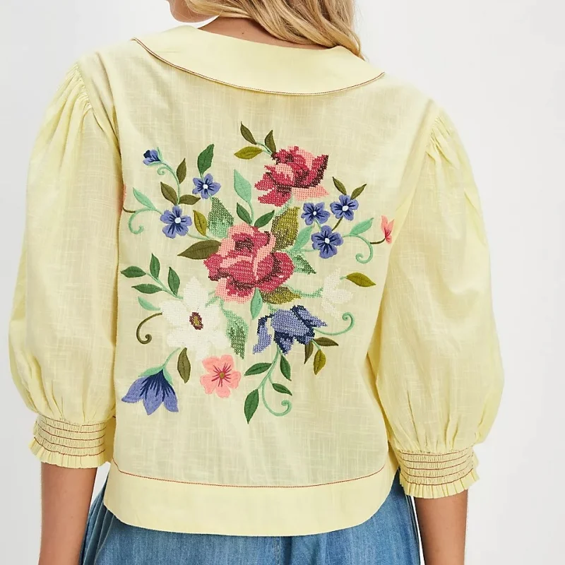 المرأة Y2k زر حتى المطرزة الأزهار بلوزة المحاصيل القمم لطيف نفخة Smocked كم الخروج بلايز الصيف شير الكتان
