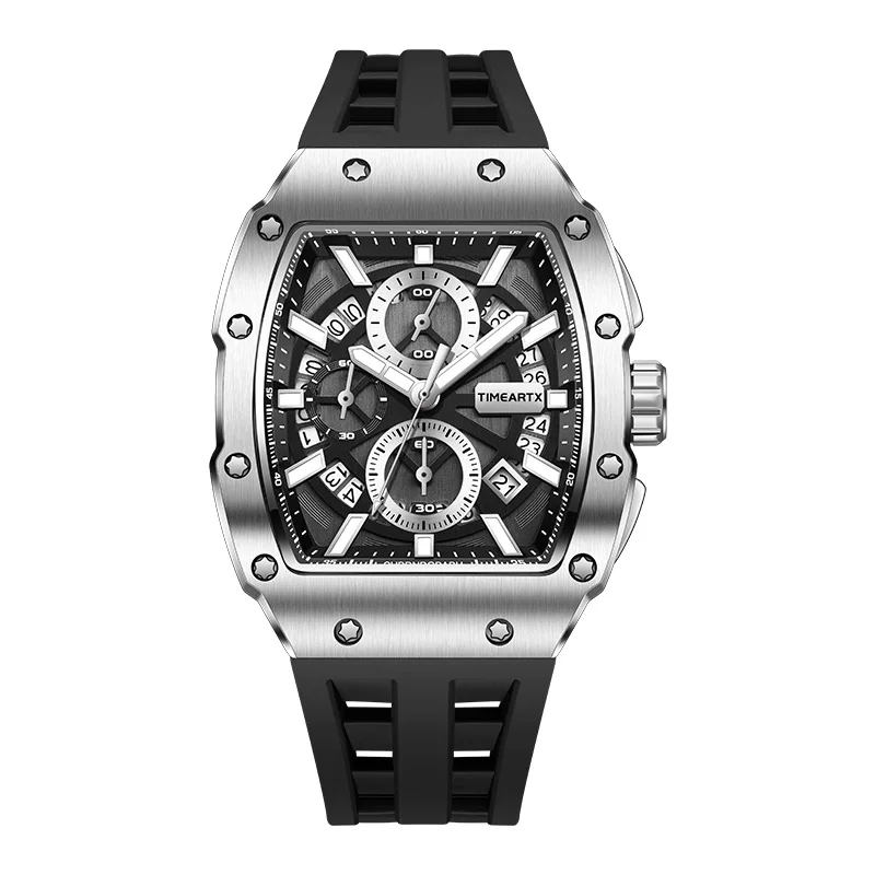 

TIMEARTX 5960, мужские спортивные кварцевые часы с хронографом, светящийся дисплей даты, часы из нержавеющей стали с циферблатом Tonneau для мужчин